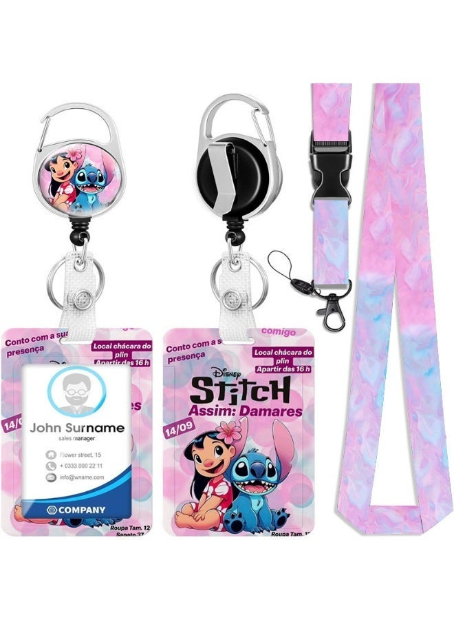 Disney 3-in-1 Disney Pink Stitch Logo Plastic ID Holder with Lanyard, Retractable ID Roller, Keychain and Extension Chain - Suitable for workers, students, bus drivers, doctors, nurses, etc. - Image 1
